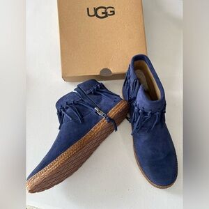UGG Blue Shenendoah Fringe Moccasin Ankle Bootie sz 8 Suede & Shearling Blue